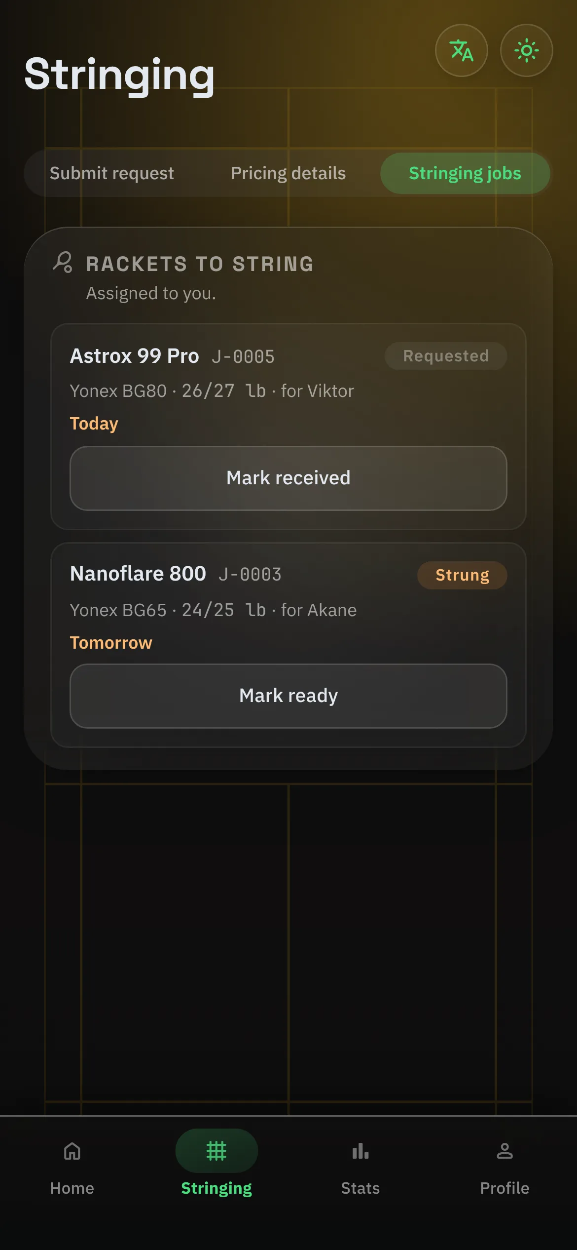 A stringer’s view in BPM: rackets assigned to them, with Mark received and Mark ready, and no prices