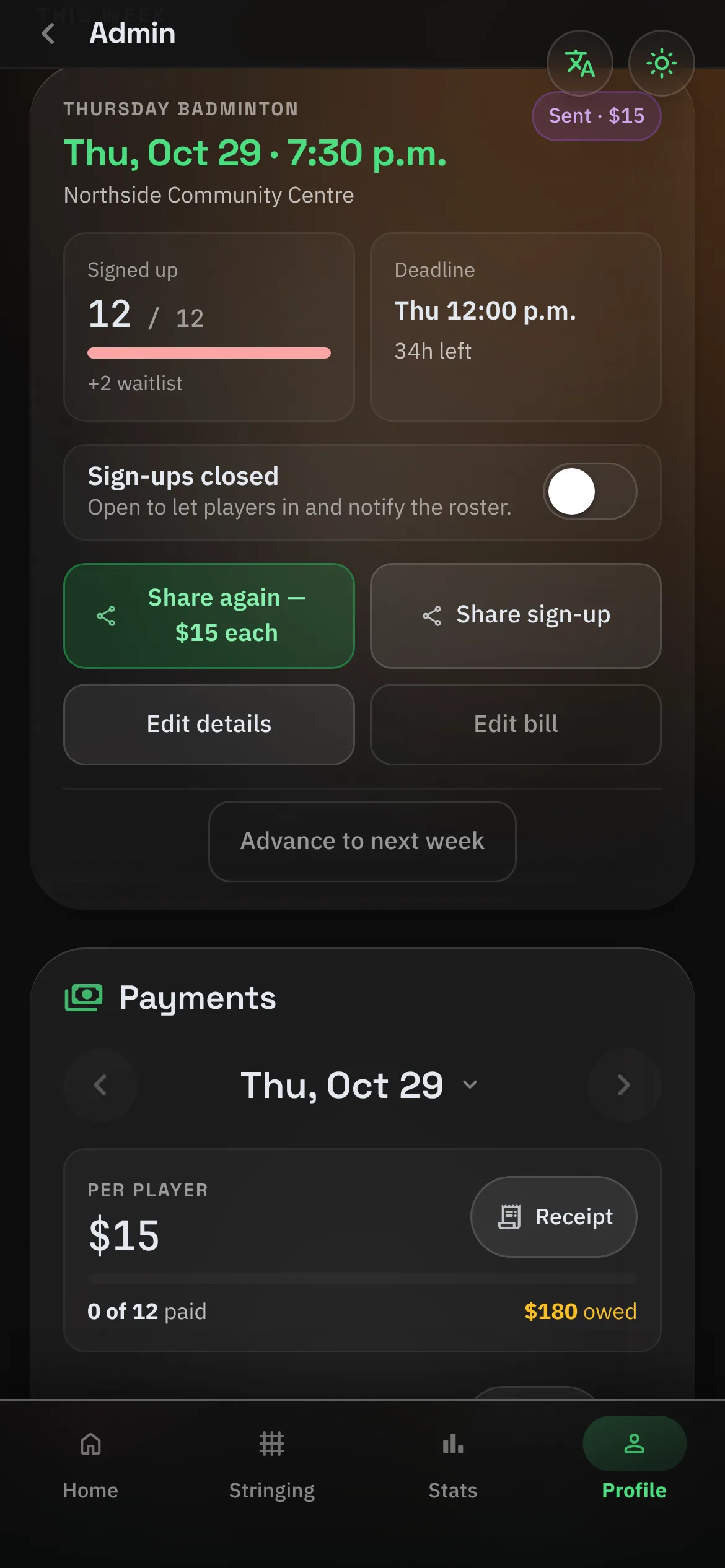 BPM Send the bill screen with the cost split per player