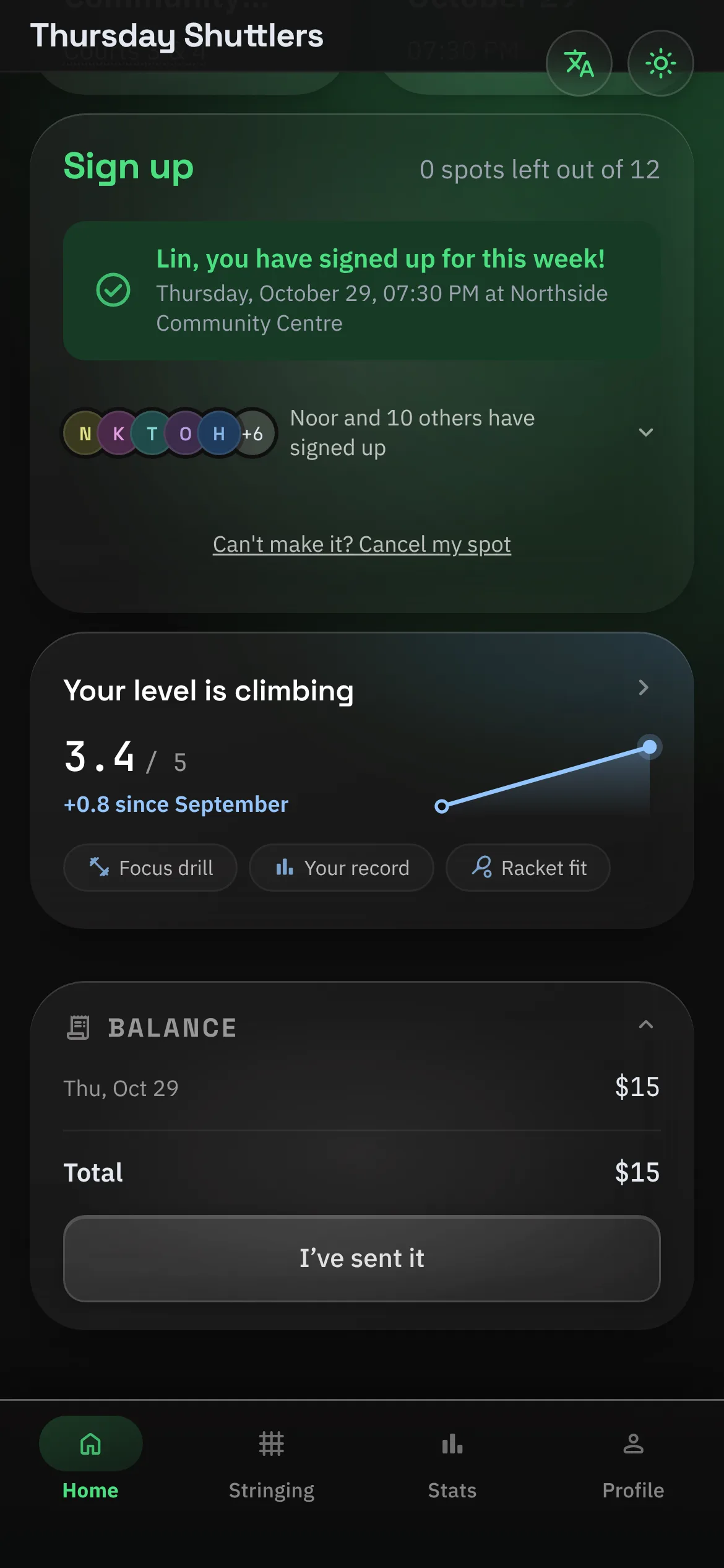BPM balance card showing what a player owes and an “I’ve sent it” button
