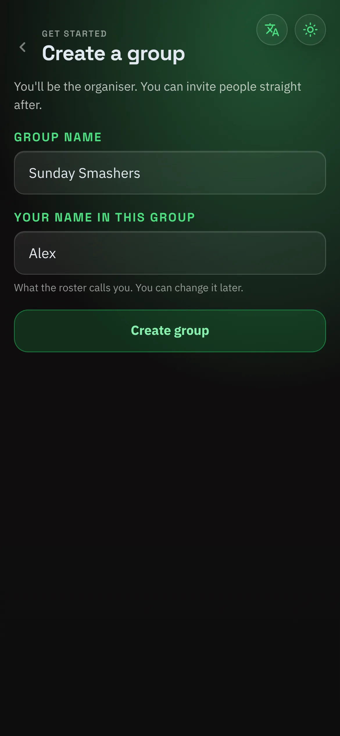 BPM screen for naming a new club