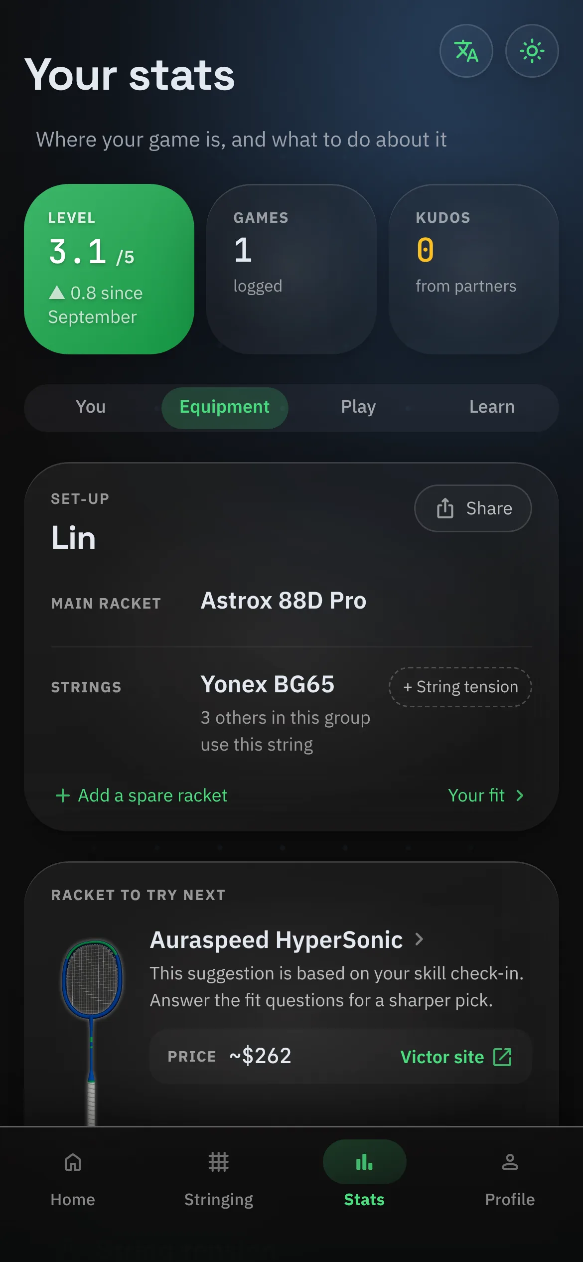 BPM Gear screen with a racket set-up and string pairing