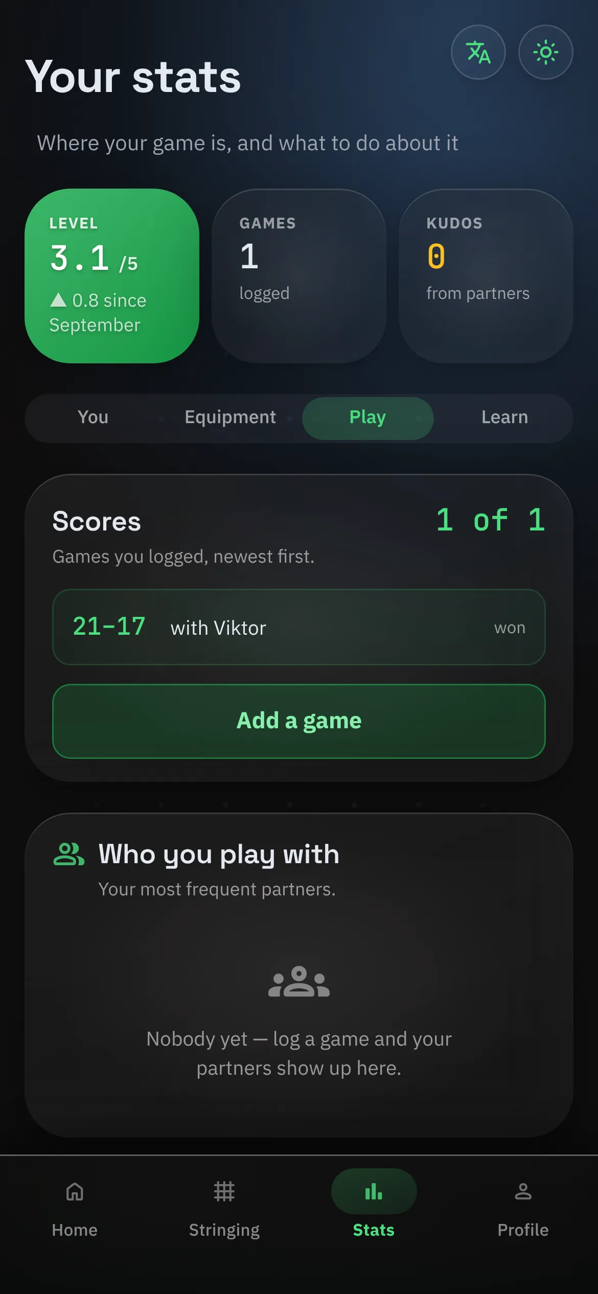BPM Stats tab showing a player’s game record and the people they play with